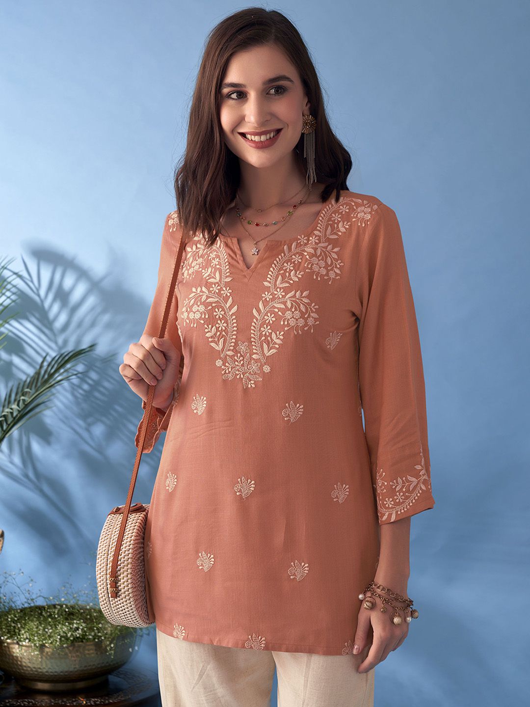 Anouk Floral Embroidered Notch Neck Straight Kurti