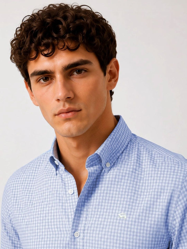 ADRO Men Sky Blue & White Mini Checked Regular Fit Casual Cotton Shirt