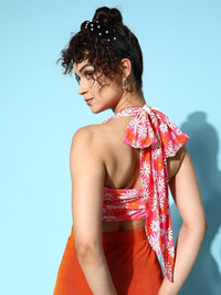 Berrylush Floral Print Halter Neck Styled Back Crop Top