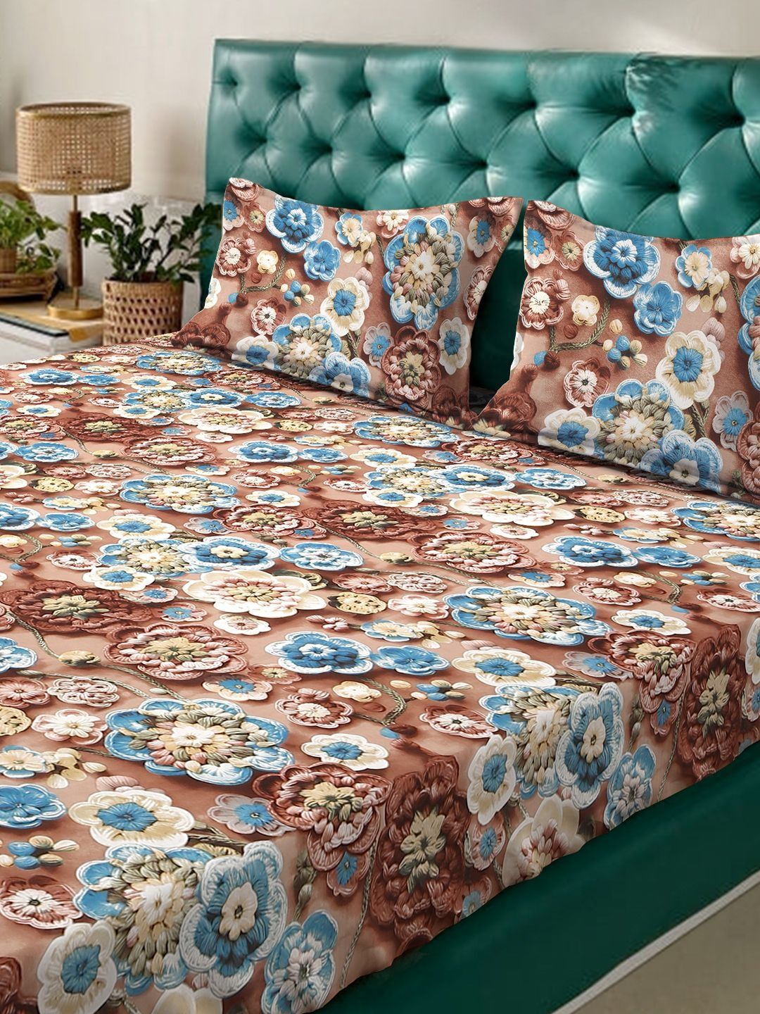 Myntra Elegant Homes Brown Floral 300 TC King Cadar dengan 2 Sarung Bantal