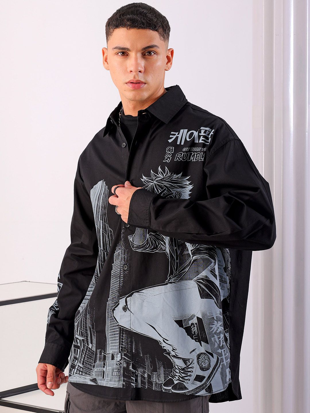 The Indian Garage Co Men Anime Printed Cotton Oversized Boxy Streetwear Shirt