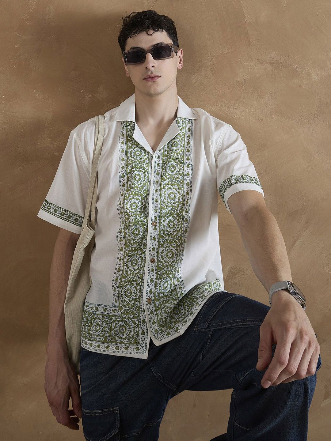 DENNISON Men White and Olive Placement Printed Shirt