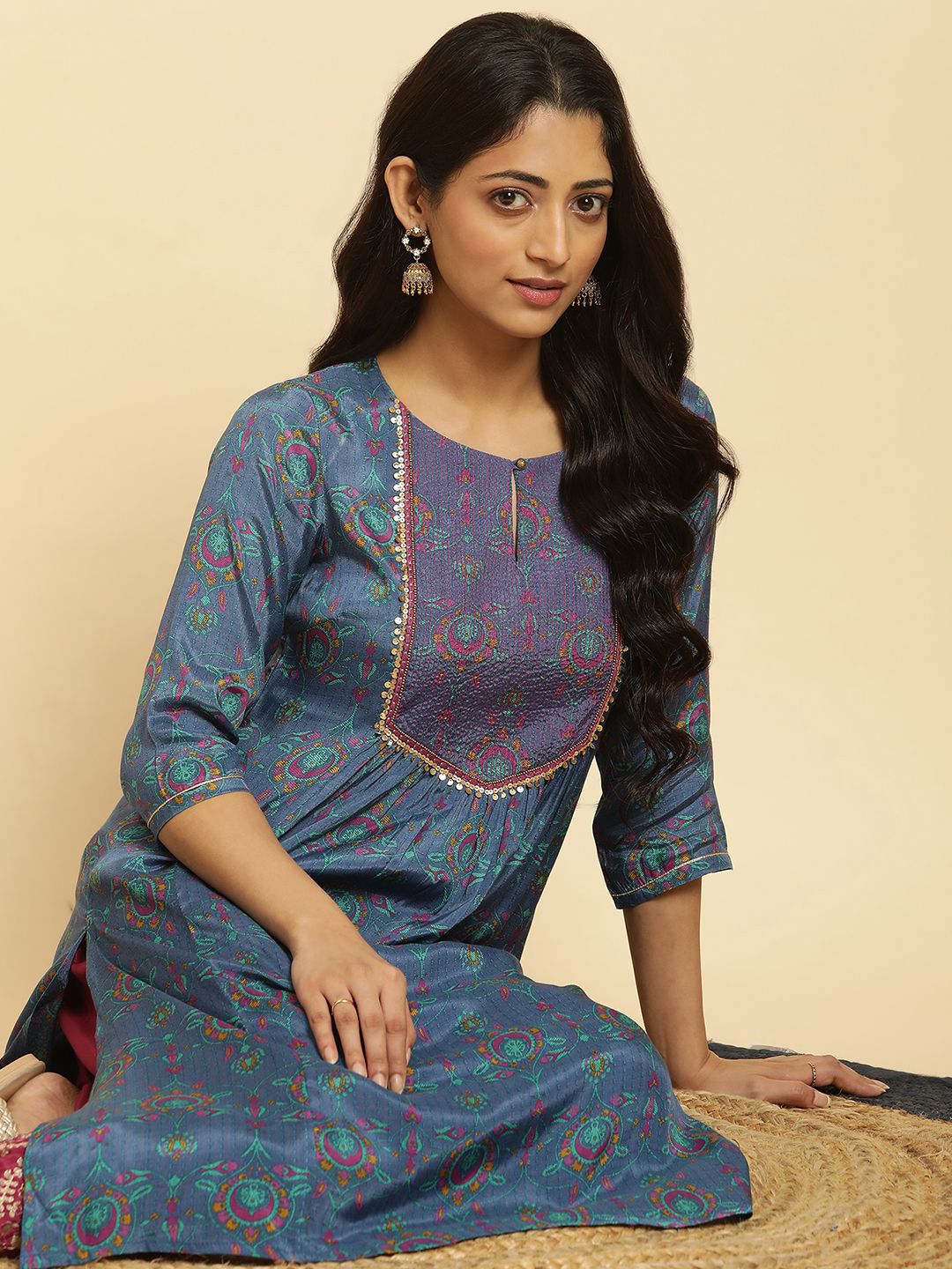 W Floral Printed Striped Keyhole Neck Straight Kurta