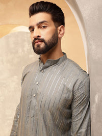 Anouk Grey Geometric Sequence Band Collar Straight Kurta