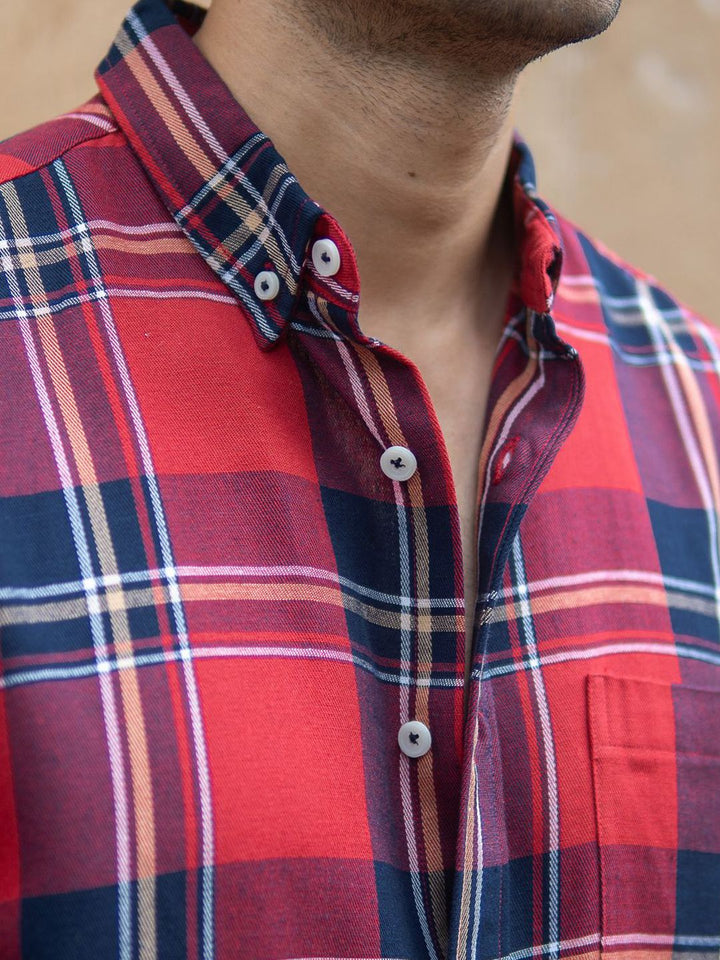 Powerlook Men Tartan Checked Button-Down Collar Pure Cotton Casual Shirt