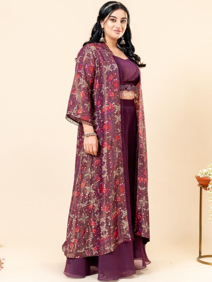 Mamicha Mehfil Printed V-Neck Crop Top With Cape & Palazzos Co-Ords Set