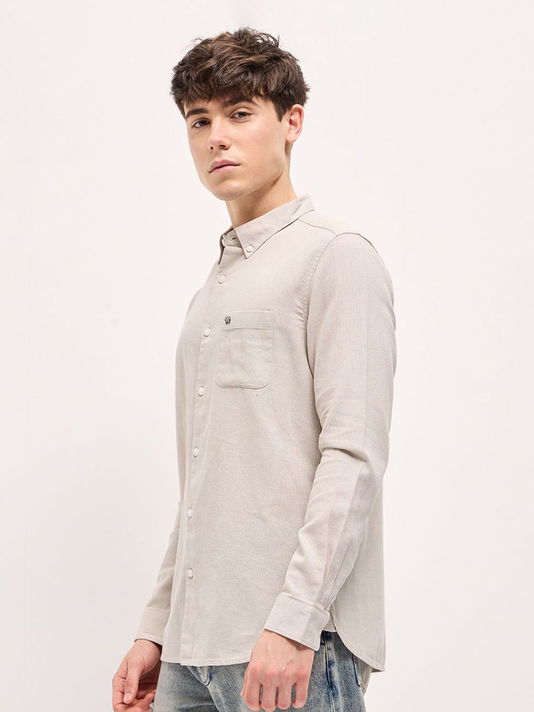 THE BEAR HOUSE Men Button-Down Collar Solid Slim Fit Cotton Shirt