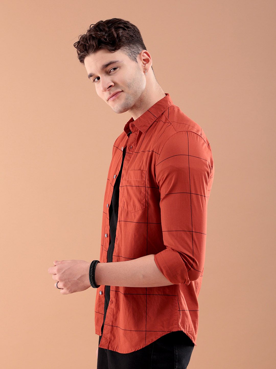 The Indian Garage Co Men Rust Orange & Black Slim Fit Checked Casual Shirt