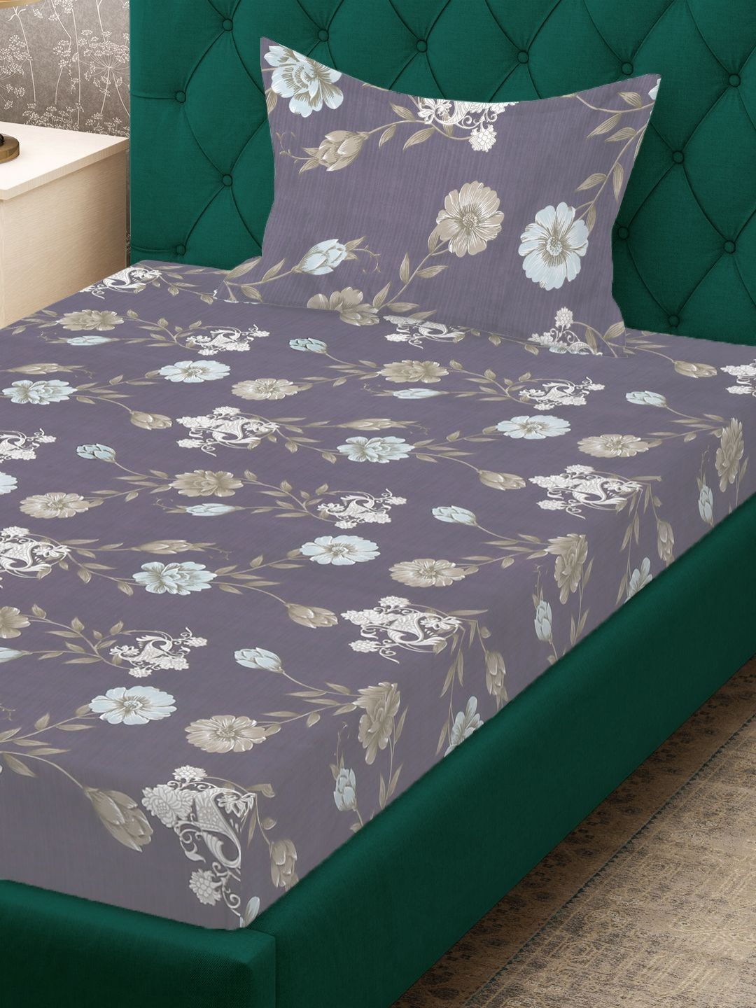 KLOTTHE Purple Floral Polycotton 300 TC Single Fine Bedsheet with a Pillow Cover-89 x 59 inches