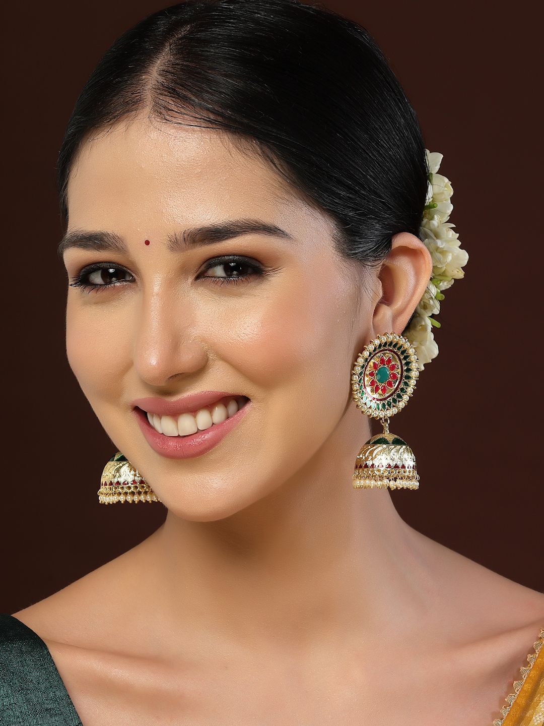Anouk Red Gold-Plated Stone Studded & Beaded Dome-Shaped Jhumkas