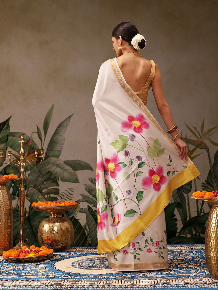 Silk Land Onam Special Floral Printed Kasavu Silk Saree