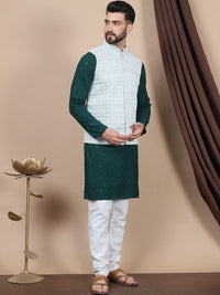 Kurta Lurus Kapas Tulen Sulam Bunga Anouk Dengan Jaket Churidar & Nehru