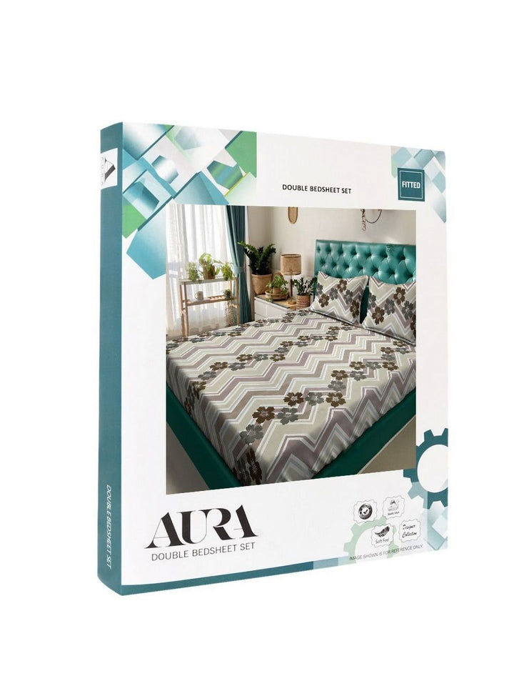Aura Beige & Brown Floral Printed 300 TC Fitted Double King Bedsheet Set-2.50 m X 2.25 m