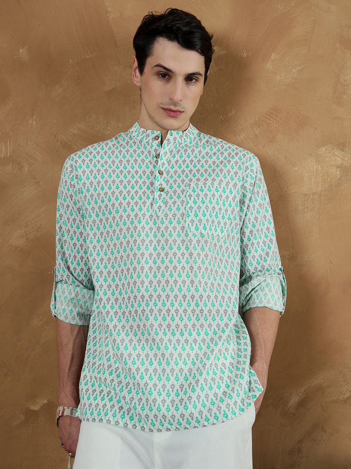 Dennison Men Motif Etnik Putih & Biru Dicetak Kurta