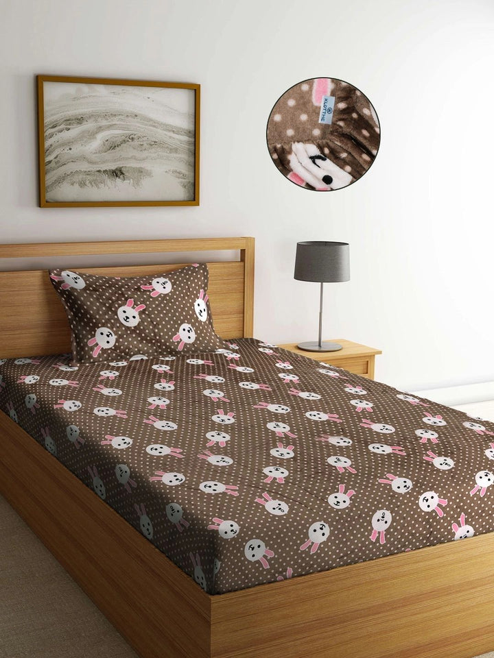 Myntra Elegant Homes Kartun Coklat Dilengkapi Cadar Bujang Bulu 300 TC dengan 1 Sarung Bantal