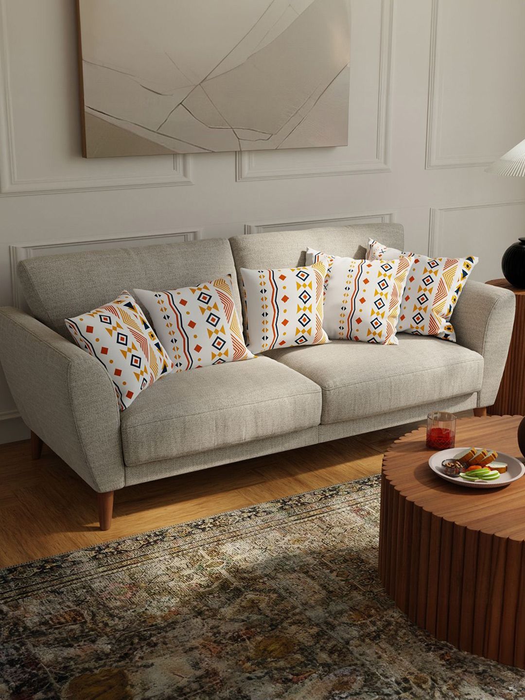 URBAN SPACE Orange & White 5 Pieces Geometric Printed Cotton Square Cushion Covers