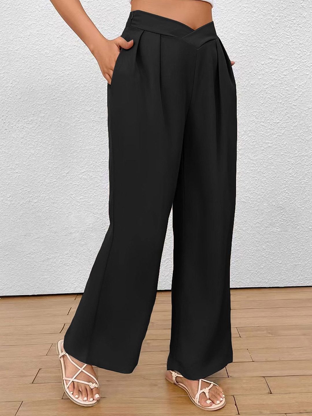 all about you Women Solid Flat-Front Mid-Rise Loose Fit Parallel Trousers