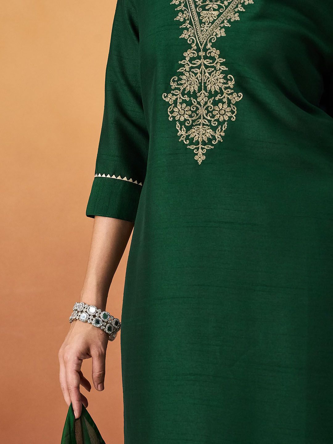 KALINI Ethnic Motifs Embroidered V-Neck Straight Kurta With Trousers & Dupatta