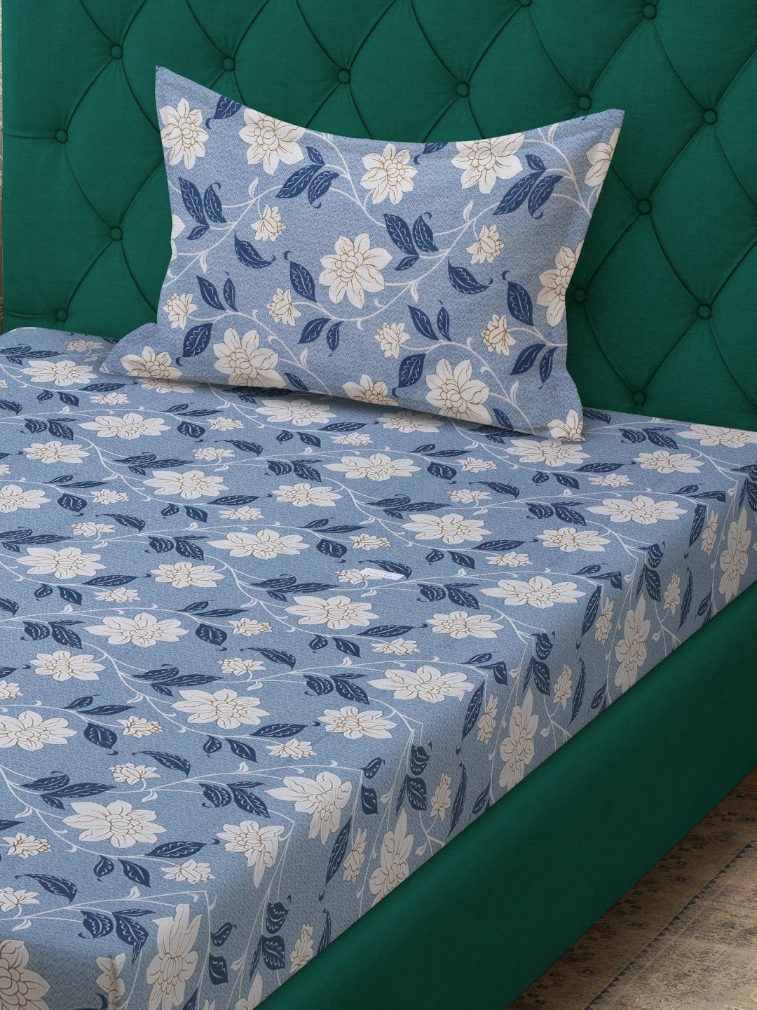 KLOTTHE Cetakan Biru 400 TC Kapas Tulen Katil Single Dilengkapi Cadar & 1 Sarung Bantal
