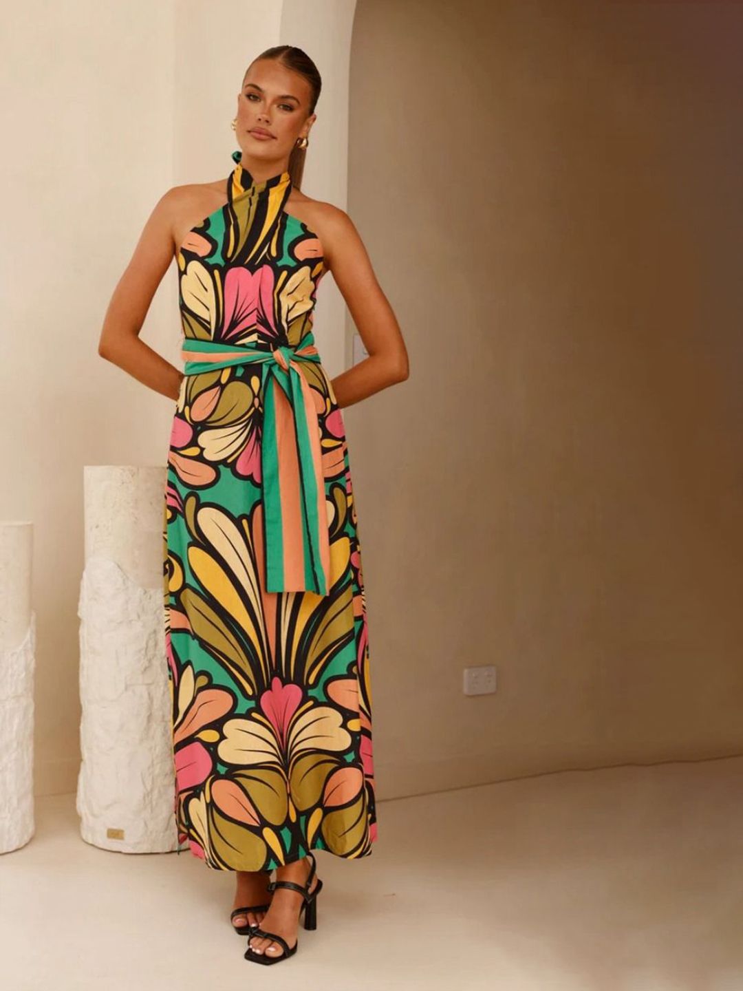 all about you Women Floral Print Halter Neck Belted Maxi Dress