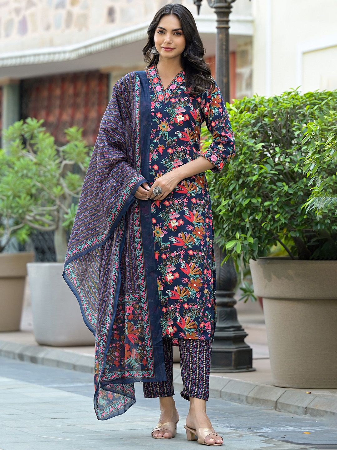 KALINI Floral Printed Thread Work Straight Kurta With Trousers & Dupatta