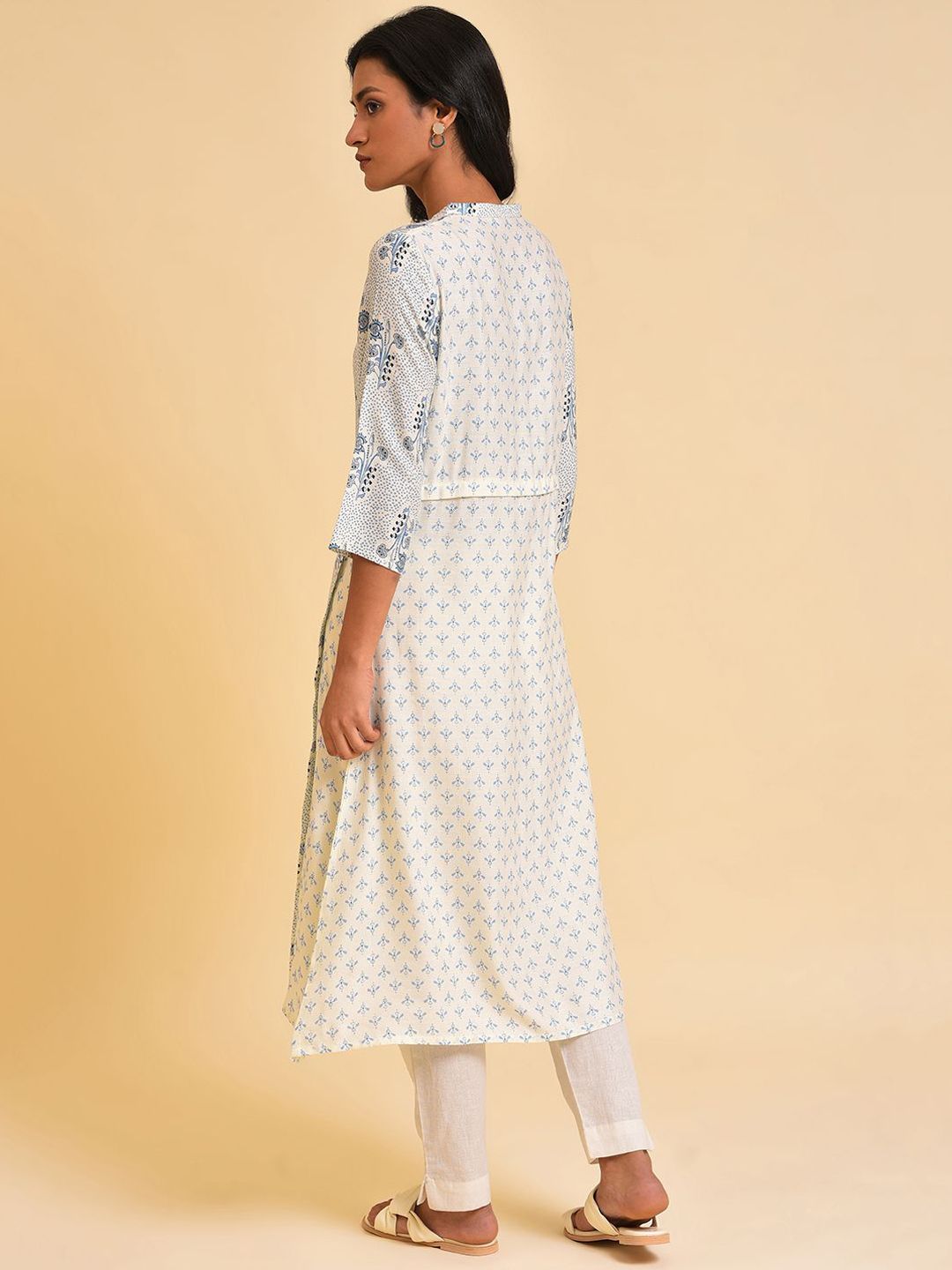 W Floral Printed Band Collar A Line Kurta