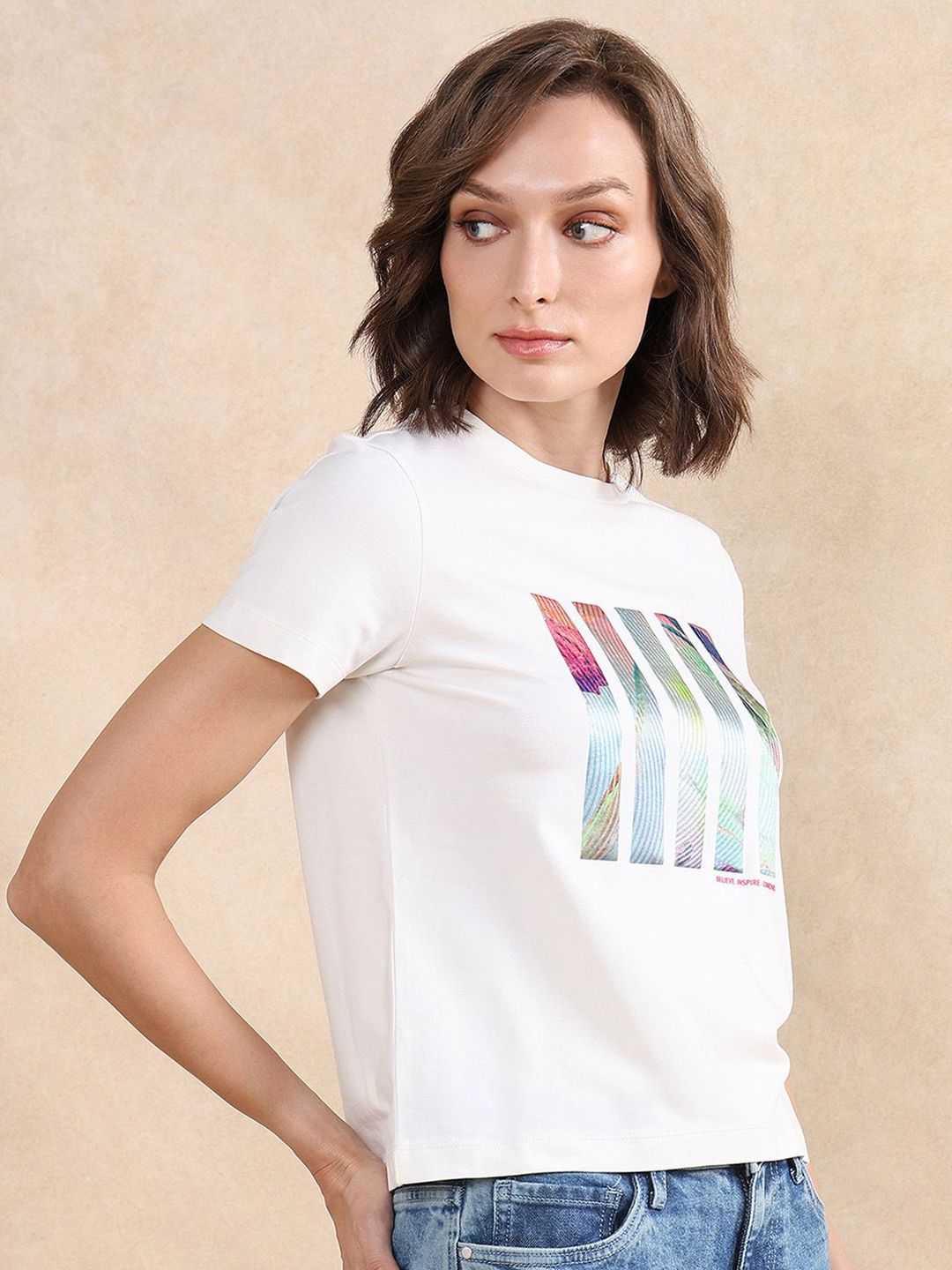 Rareism Wanita Grafik T-Shirt Leher Pusingan Dicetak