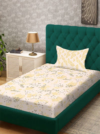 Aura Yellow & Green Floral Printed 300 TC Single Bedsheet Set- 2.25 m X 1.50 m