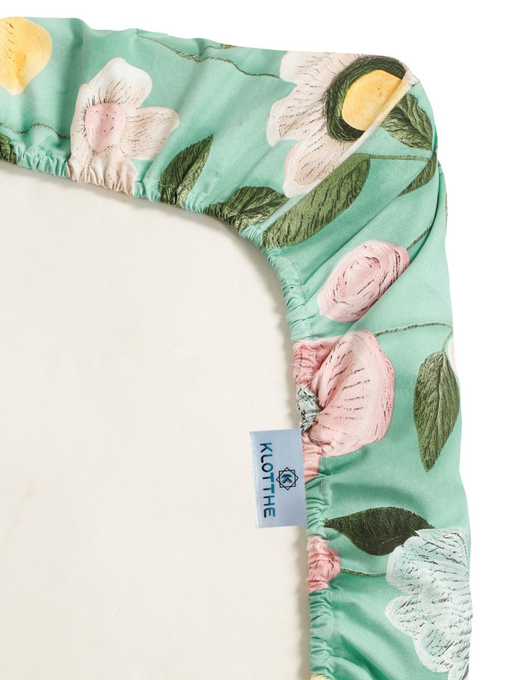 KLOTTHE Green & Pink Floral Printed Fitted 300 TC Single 7D Bedsheet With 2 Pillow Cover