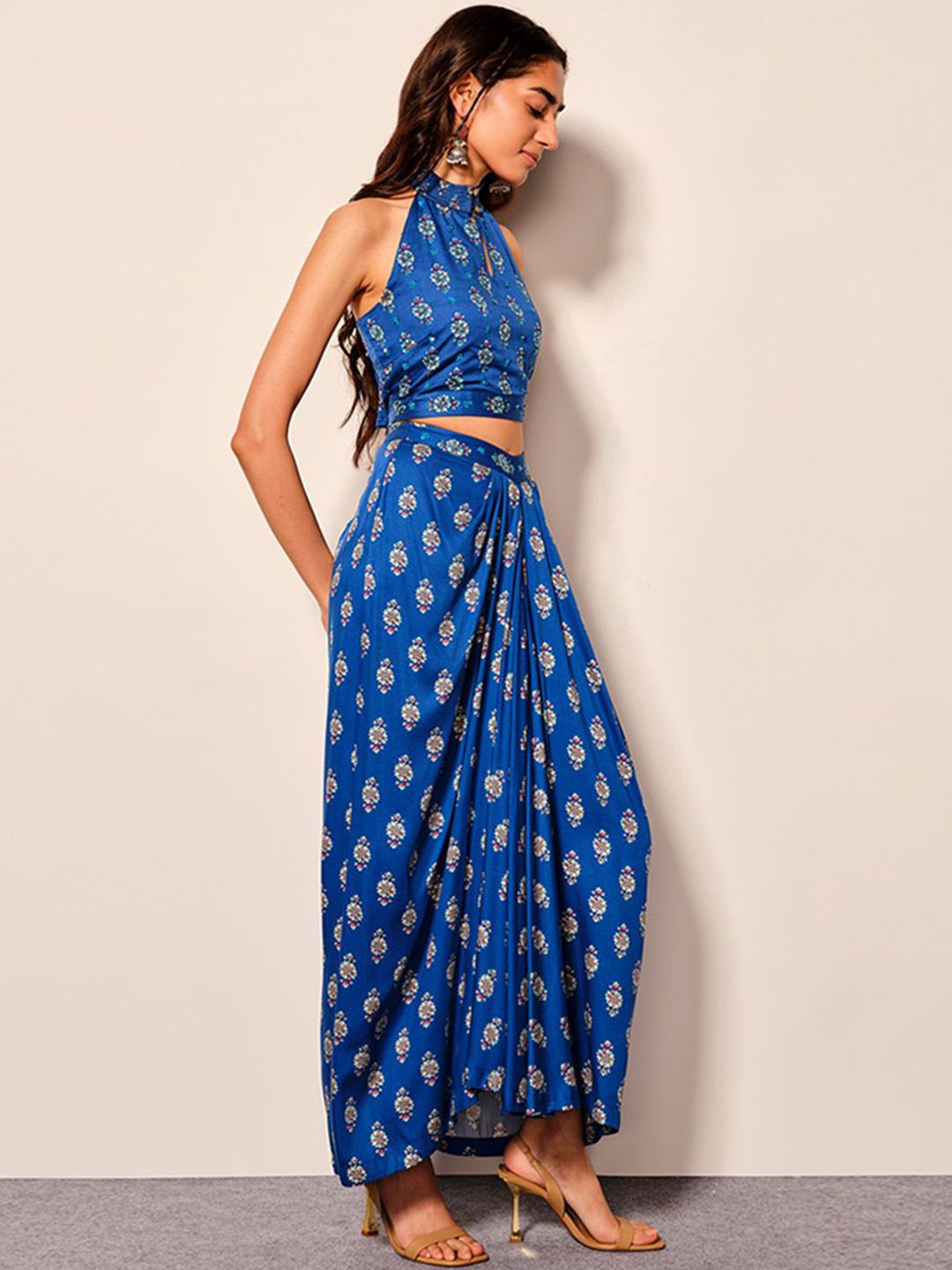Global Desi Printed Round Neck Top & Skirt