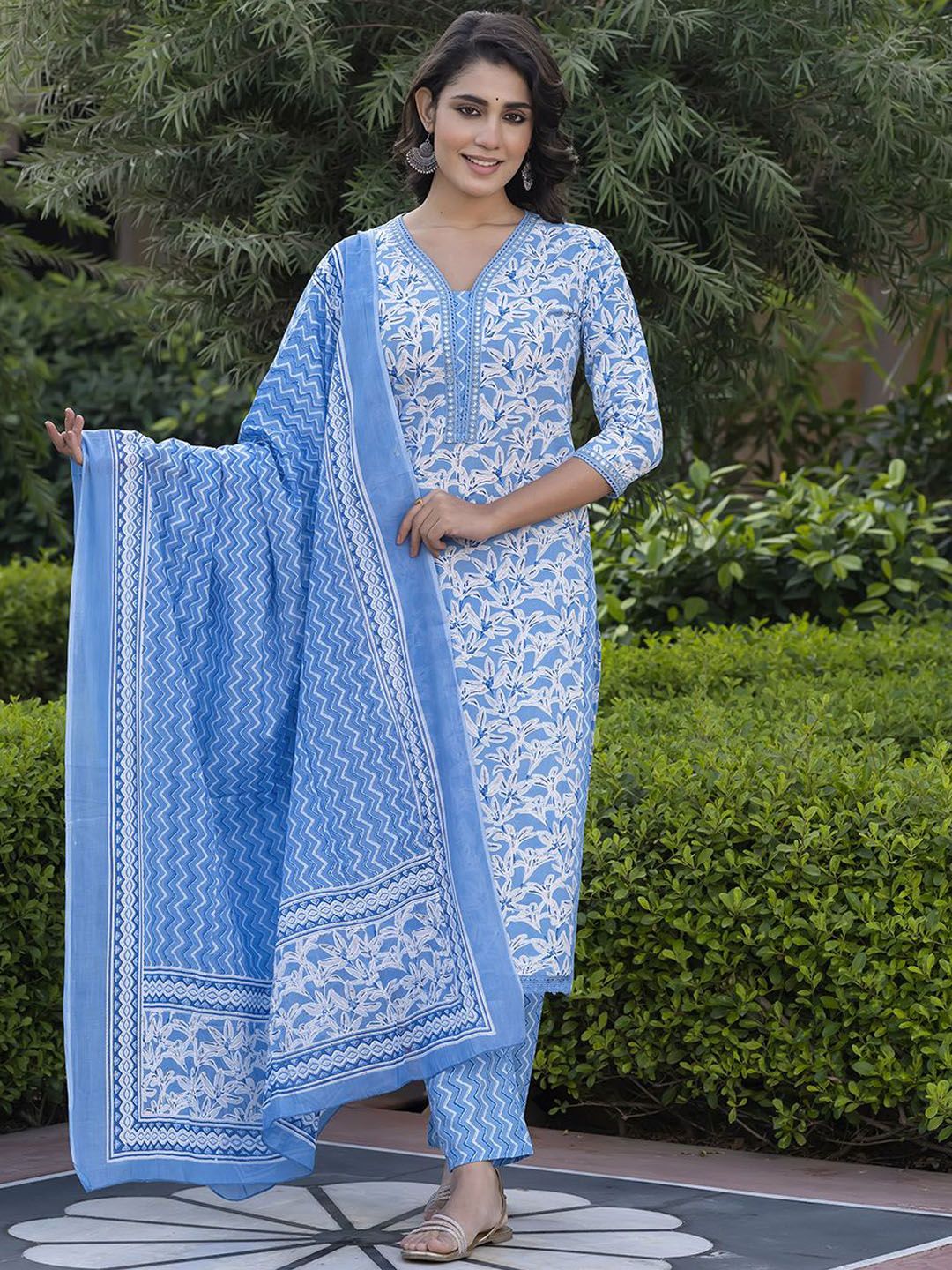 KALINI Floral Printed Mirror Work Straight Pure Cotton Kurta With Trousers & Dupatta