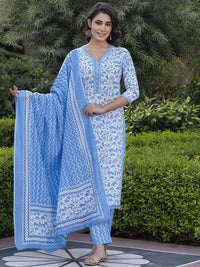 KALINI Floral Printed Mirror Work Straight Pure Cotton Kurta With Trousers & Dupatta