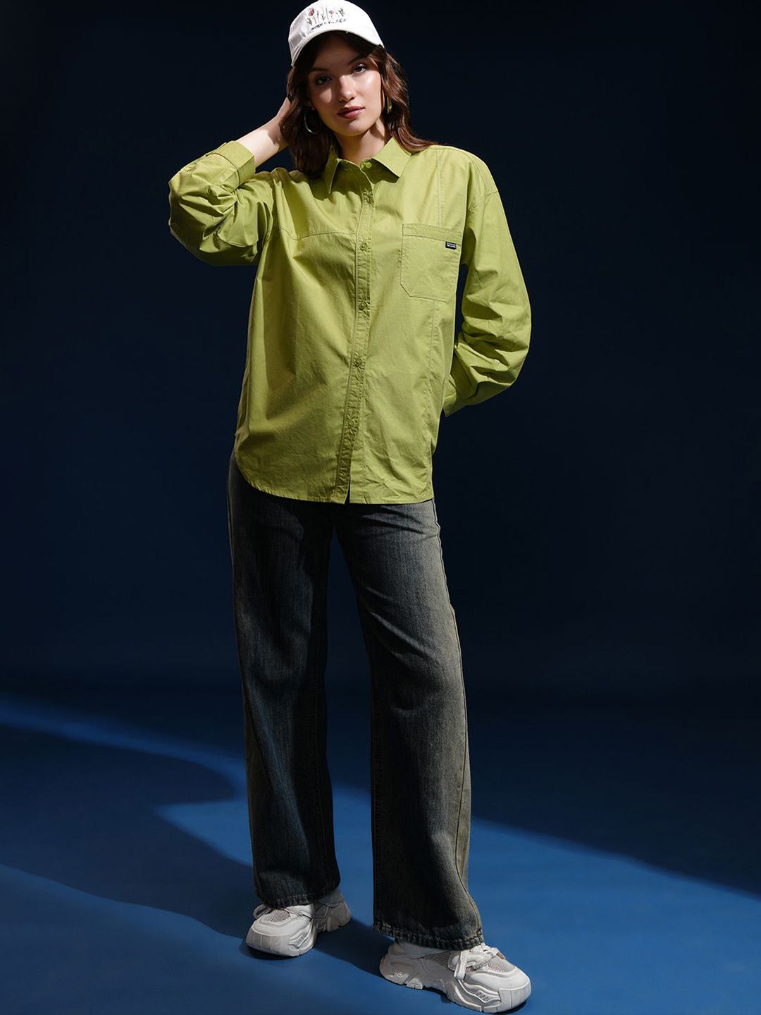 CHIC BY TOKYO TALKIES Women Spread Collar Solid Cotton Oversized Casual Shirt