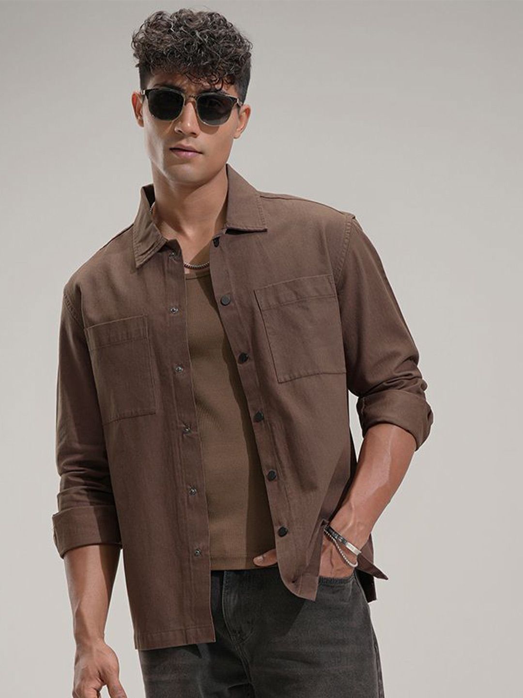 HIGHLANDER Men Comfort Relaxed Fit Textured Spread Collar Cotton Casual Shirt
