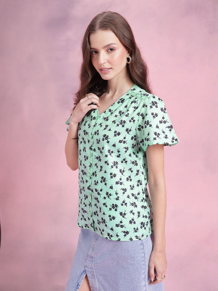 DressBerry Floral Print Crochet Detail Flared Sleeves Shirt Style Top