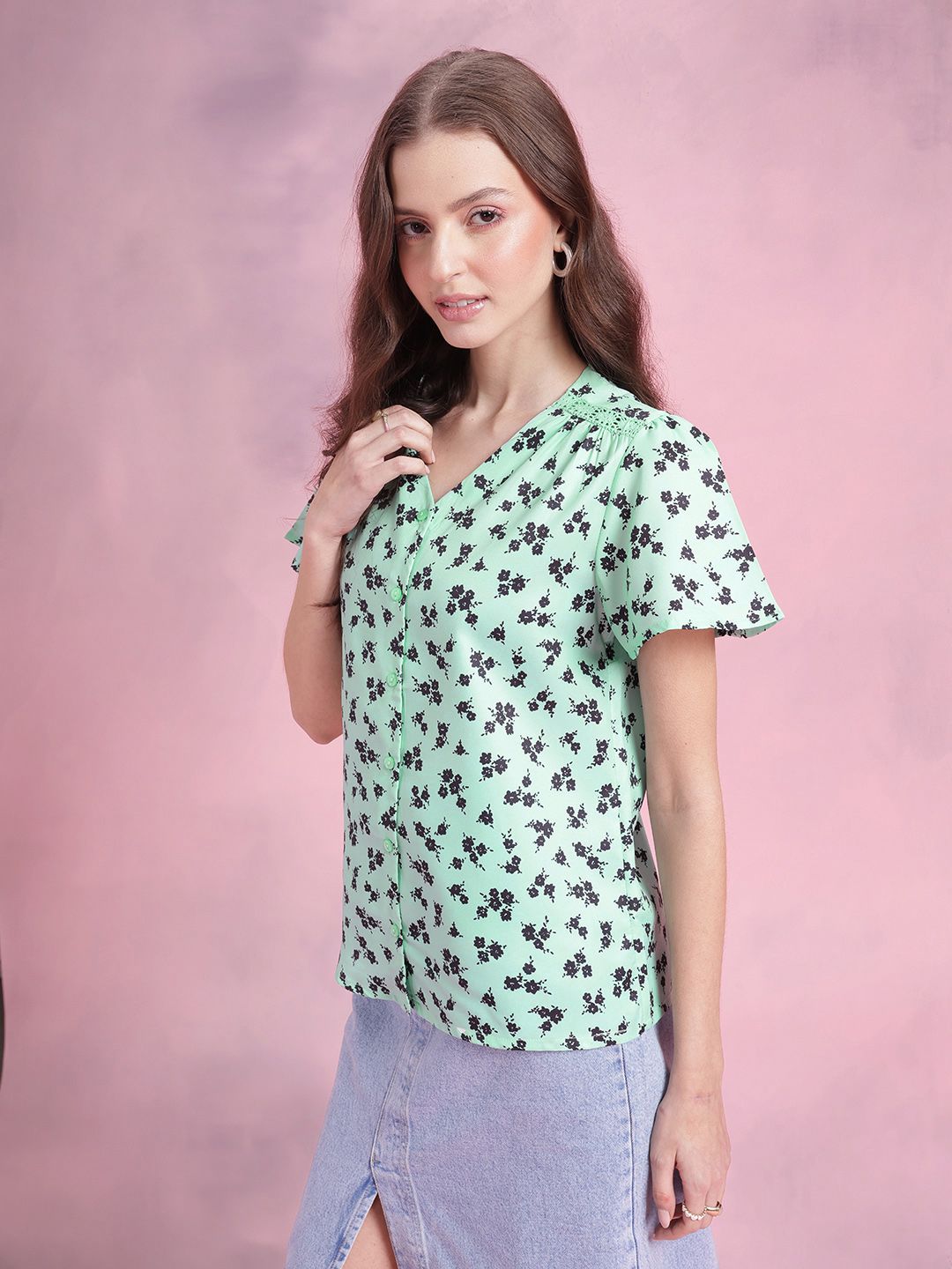 DressBerry Floral Print Crochet Detail Flared Sleeves Shirt Style Top