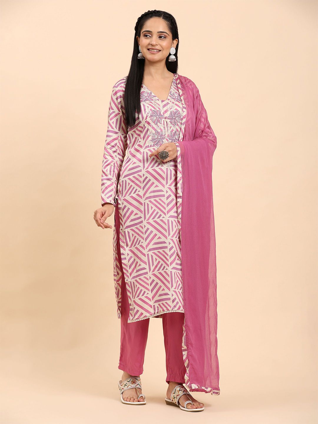 Mamicha Wanita Bercetak Kurta Kapas Tulen Biasa dengan Seluar & Dengan Dupatta
