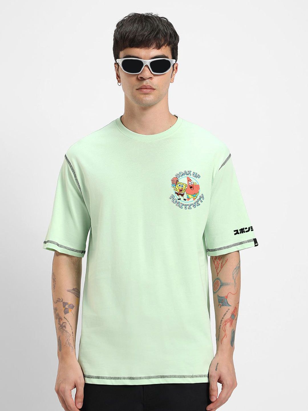 Bewakoof Men Graphic Printed Round Neck Pure Cotton Oversized Spongebob T-shirt