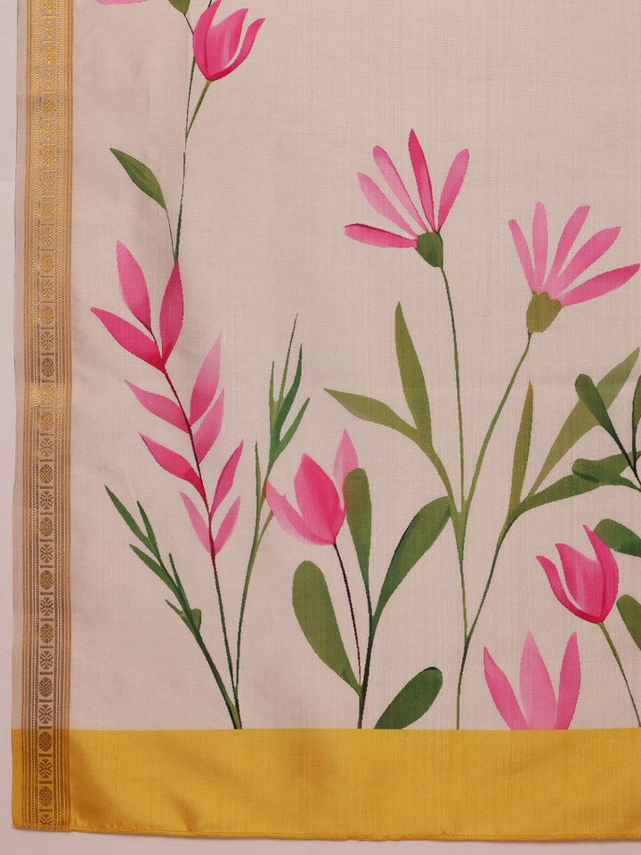 Silk Land Onam Special Floral Printed Kasavu Silk Saree