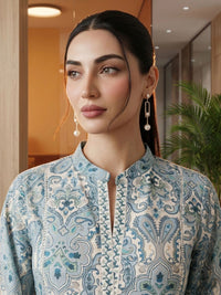 Mamicha Print Mandarin Collar Bishop Sleeves Cotton Top