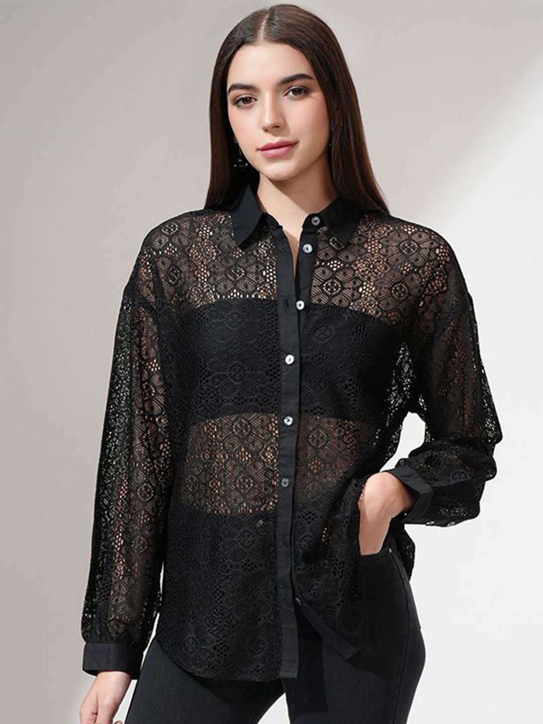Tokyo Talkies Women Relaxed Fit Drop Shoulder Lace Shirt