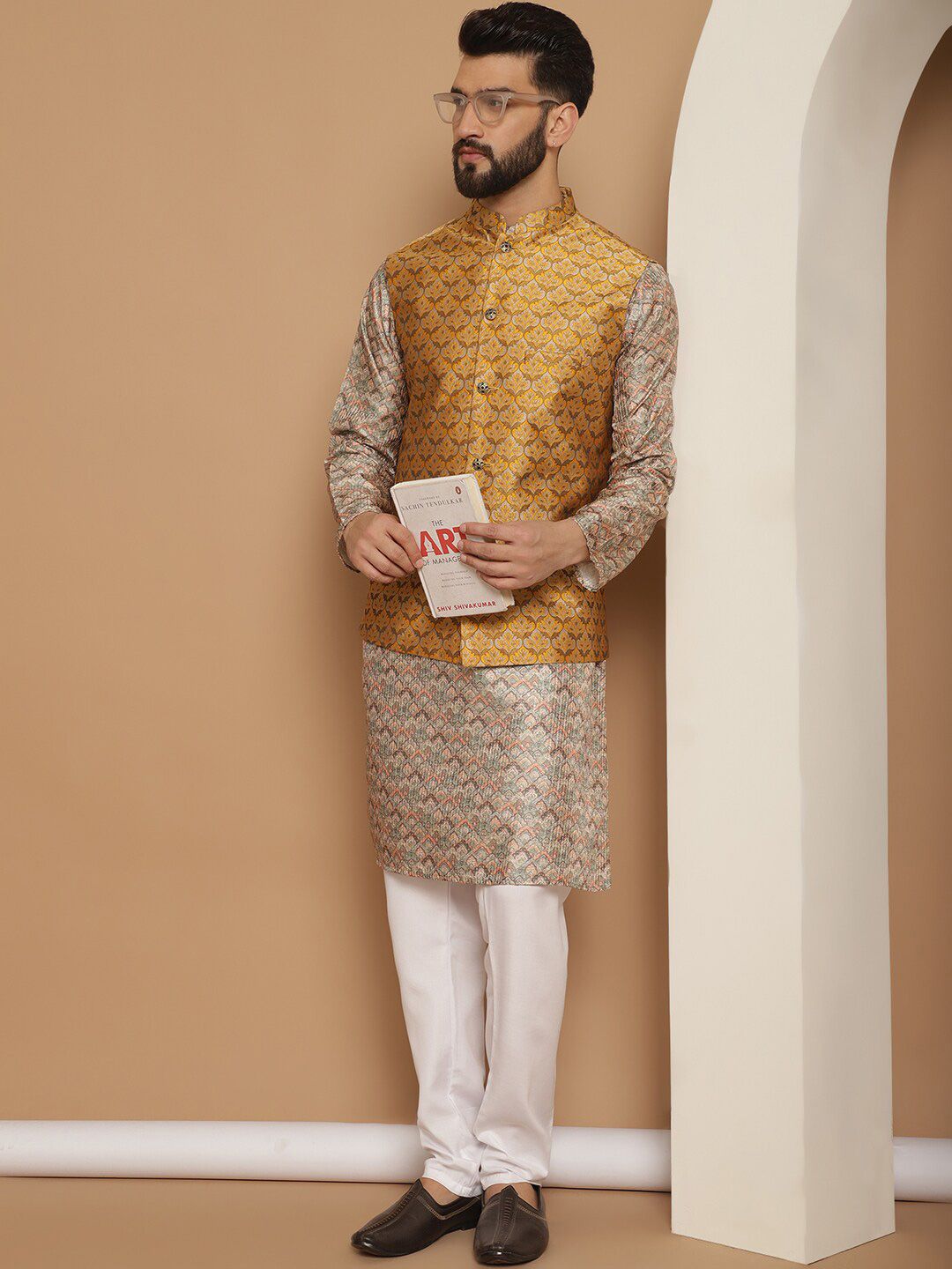 Anouk Striped Regular Jacquard Thread Work Straight Kurta with Churidar