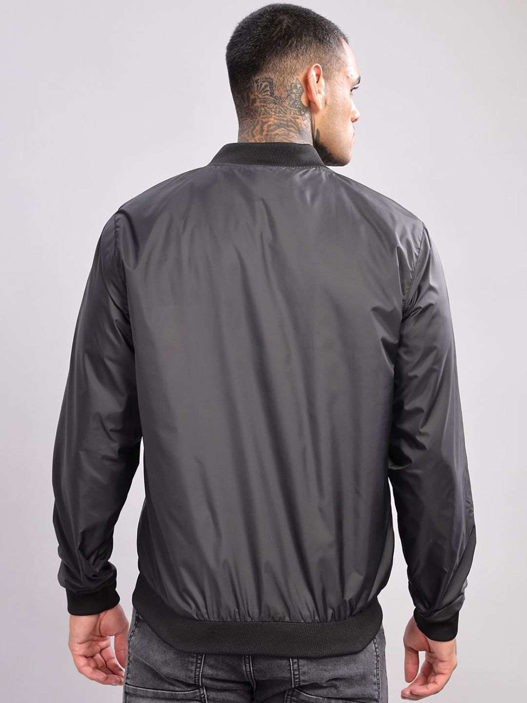 ADRO Men Stand Collar Solid Casual Bomber Jacket