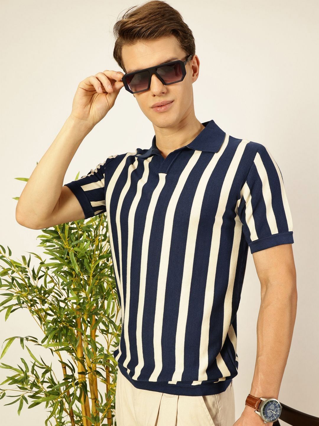 Thomas Scott Men Bio Finish Striped Polo Collar Cotton T-shirt