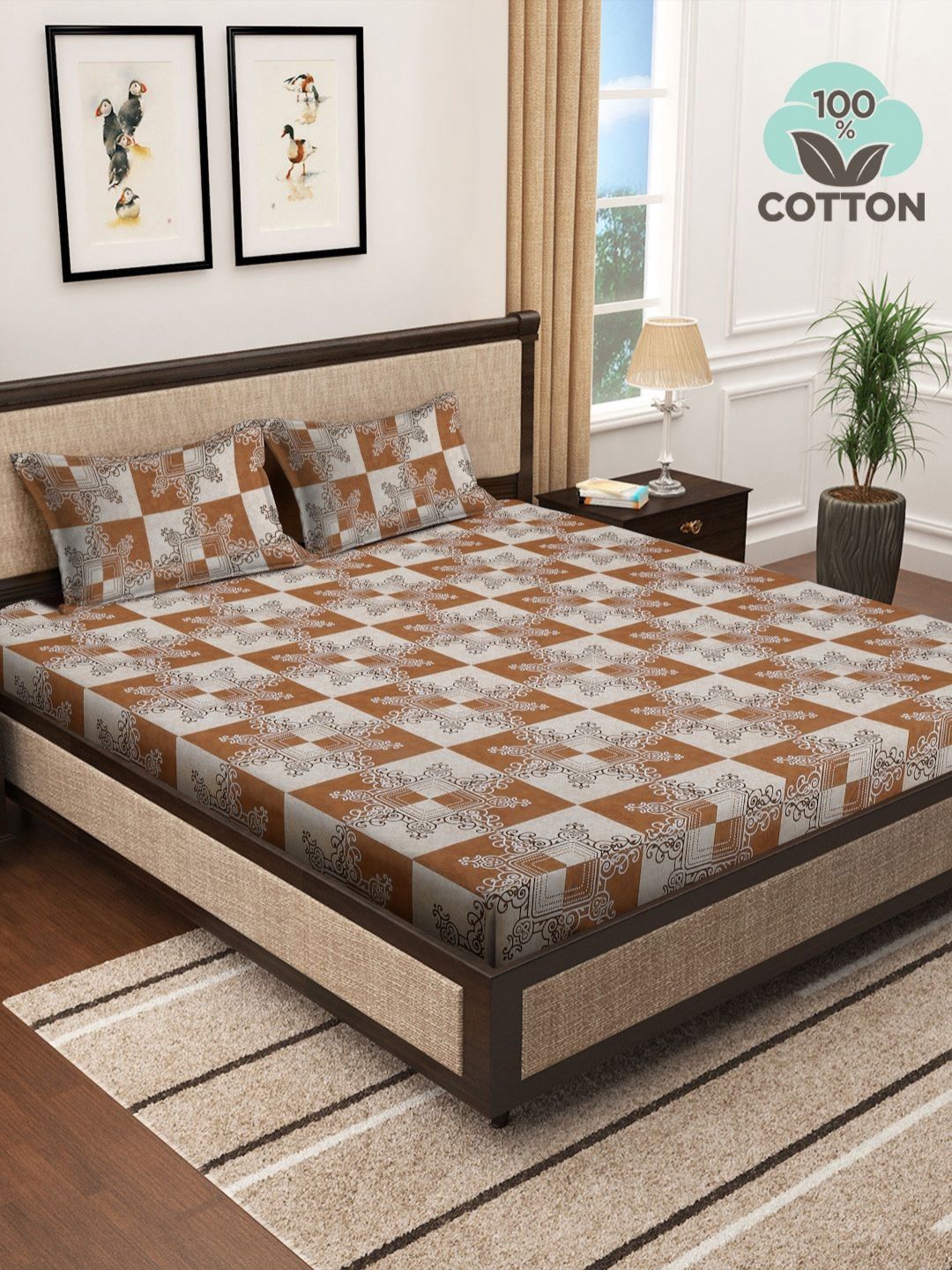 Myntra Elegant Homes Cream-Coloured & Brown Ethnic Motifs 400 TC King Bedsheet with 2 Pillow Covers