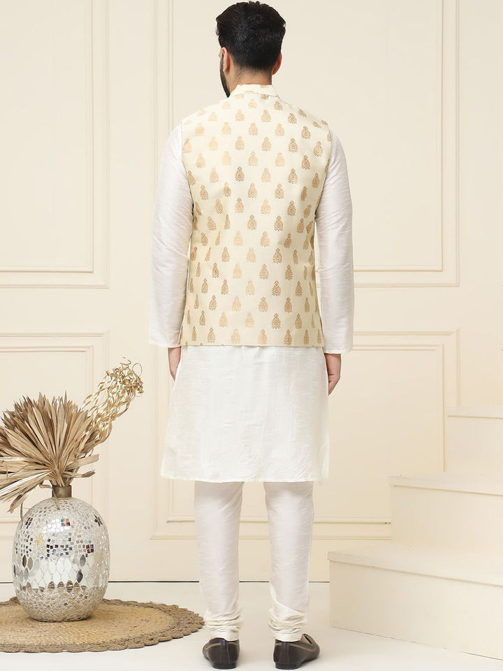 SOJANYA Mandarin Collar Silk Cotton Straight Kurta with Churidar & Nehru jacket