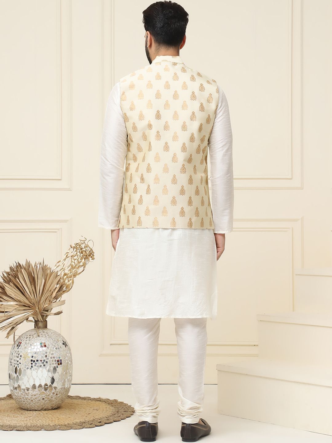 SOJANYA Mandarin Collar Silk Cotton Straight Kurta with Churidar & Nehru jacket