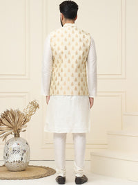 SOJANYA Mandarin Collar Silk Cotton Straight Kurta with Churidar & Nehru jacket