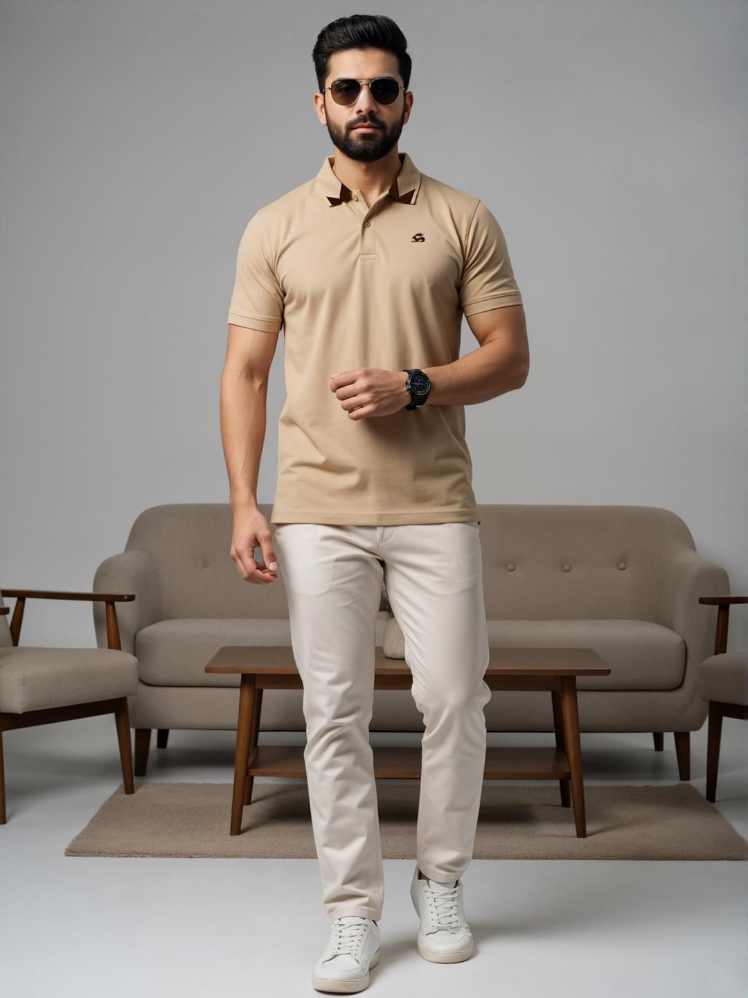 ADRO Men Beige Cotton Tshirts