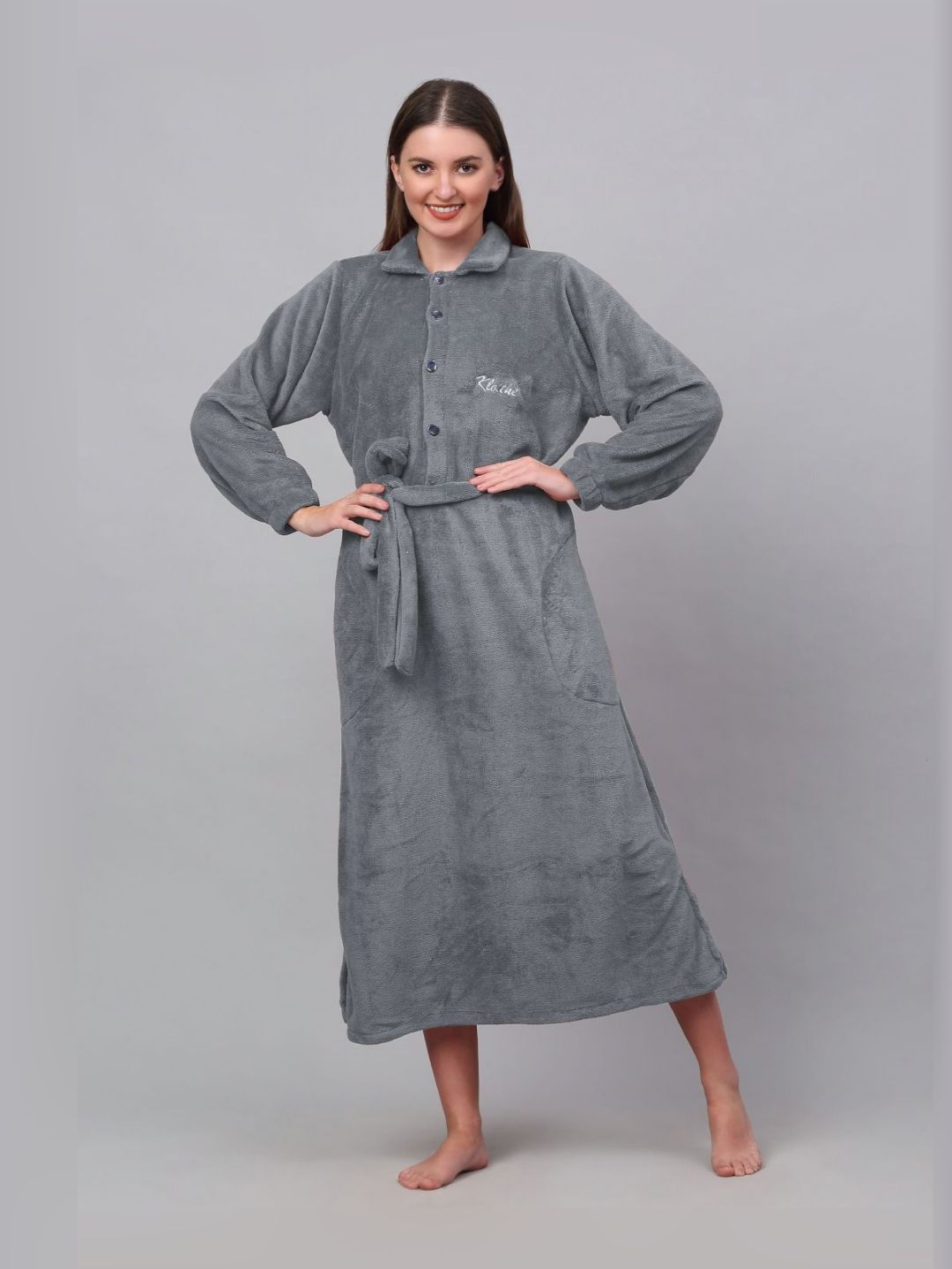 KLOTTHE Grey Shirt Collar Woolen Bath Robe With Belt